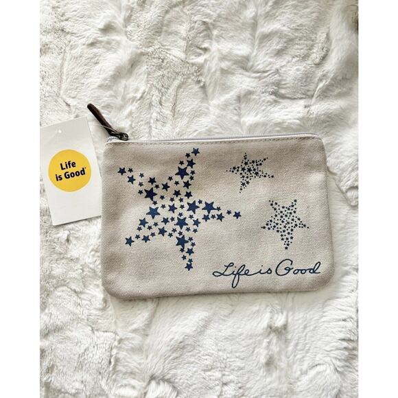 New Life Is Good Navy Blue STARS POUCH Cosmetic Travel Catch All Bag Zipper LG - Picture 2 of 8